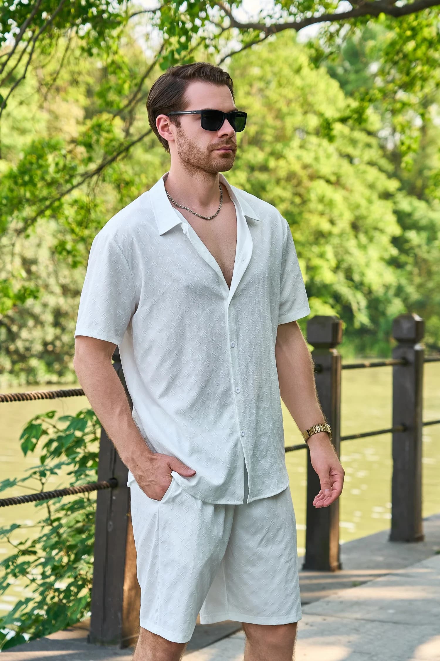 Men's Casual 2 Pieces in Jacquard: Shirt with buttons and shorts for Street Style and Daily Use - Special Offer