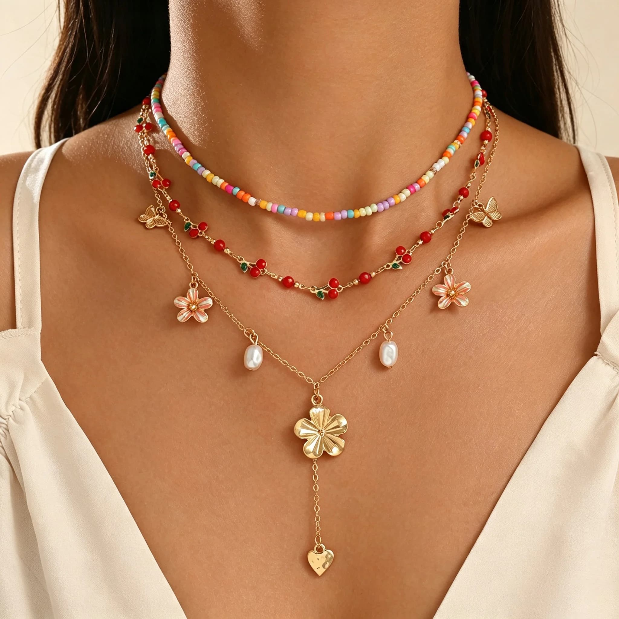 Multi Layer Colorful Seed Bead Choker Irregular Faux Pearl Butterfly Flower Heart Y Drop Women Beach Necklace Jewelry