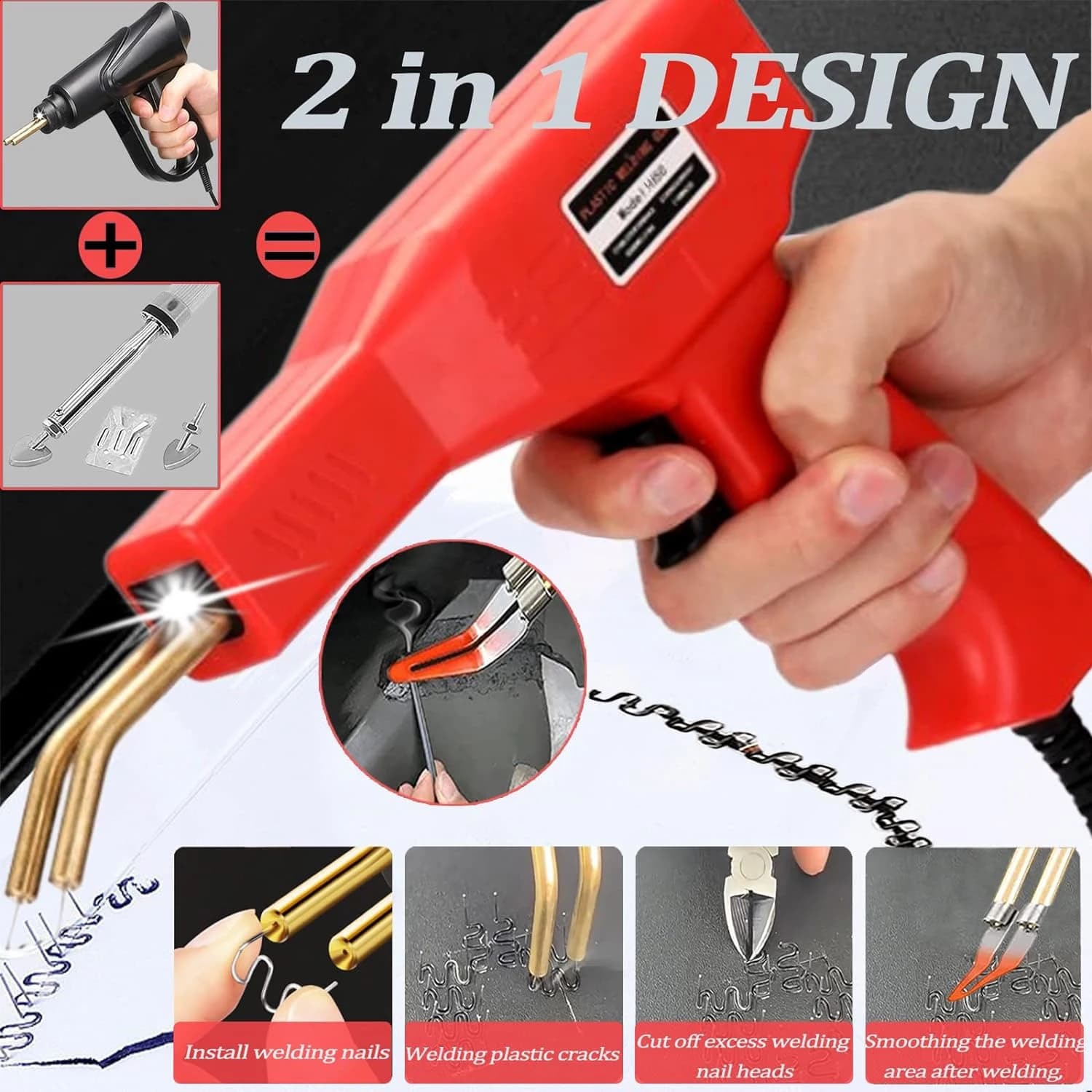 Saldatore di plastica aggiornato da 220 W, kit di saldatura di plastica 2 in 1, kit di saldatore per riparazione plastica Torcia per cucitrice a caldo da 400 pezzi con pinza per coltello (UE)