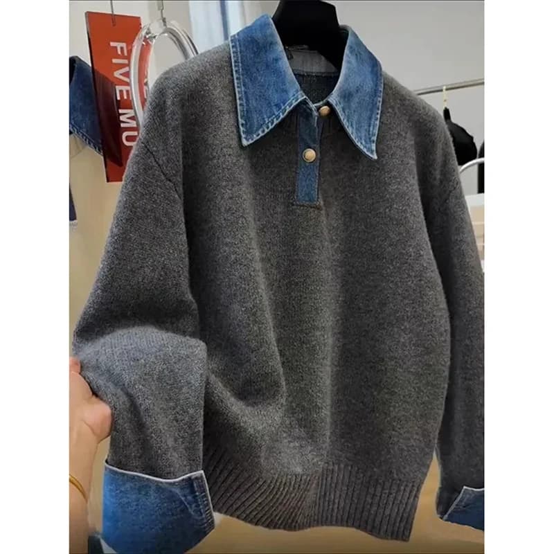Maglione lavorato a maglia patchwork denim da donna Harajuku Y2K pullover casual allentato manica lunga maglioni chic caldi e spessi da strada americana