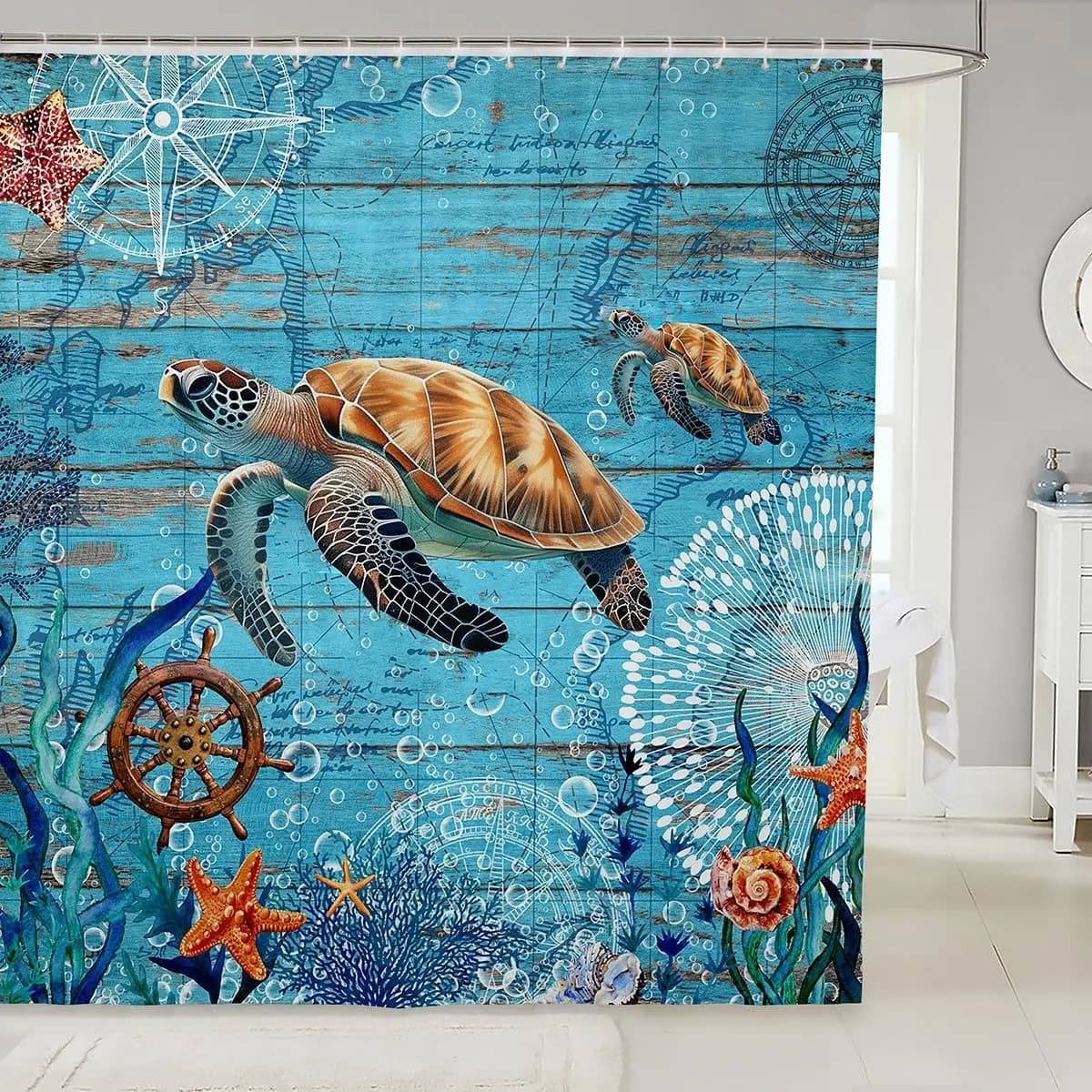 Tenda da doccia con tartaruga marina, tema oceano, decorazioni nautiche, arte della vita marina, bagno in stile spiaggia, tessuto in lino 160x200