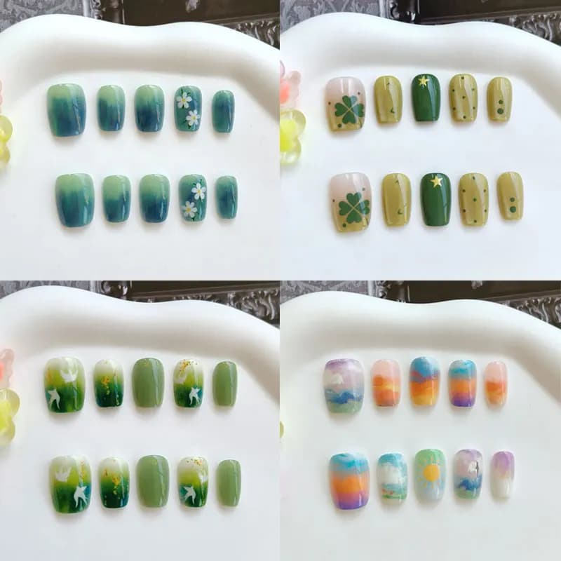 10Pcs Lake Blue Wind Chime Blue-green Gradient Fresh Flowers Press on Nails Lucky Four-Leaf Clover Gentle and Lively Fake Nails