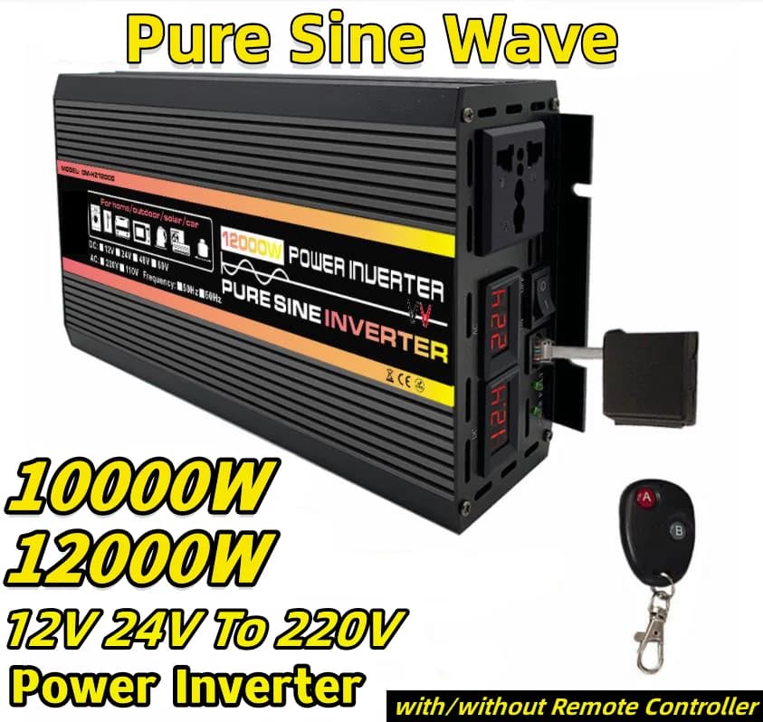 Inverter a onda sinusoidale pura 10000/12000W DC 12V 24V a AC 220V Inverter di potenza con/senza telecomando per auto RV all'aperto domestica