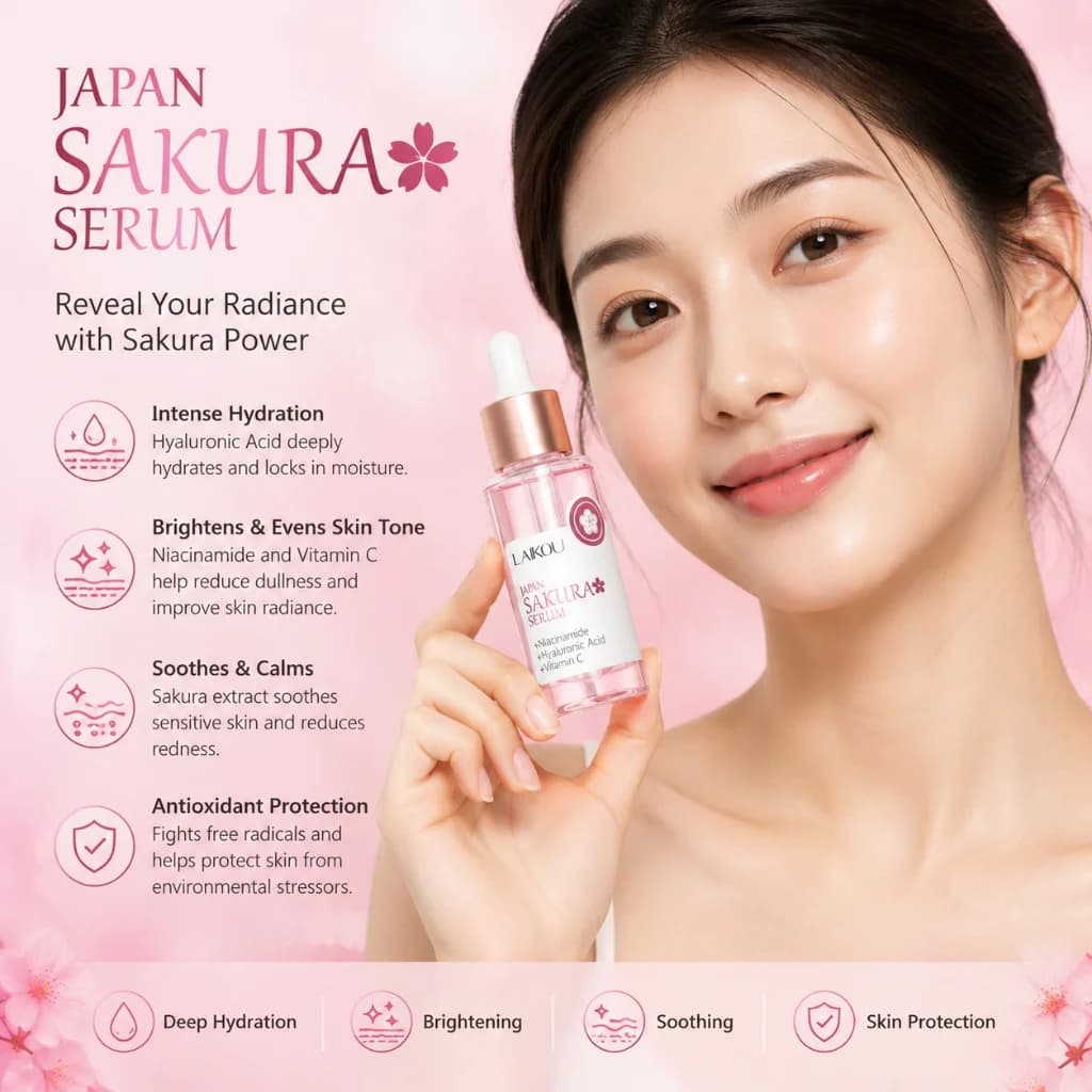 LAIKOU Sakura Facial Serum 24K Gold Hyaluronic Acid Vitamin C Glow Anti Aging Revitalizing Essence Hydrating Nourish Skin Care