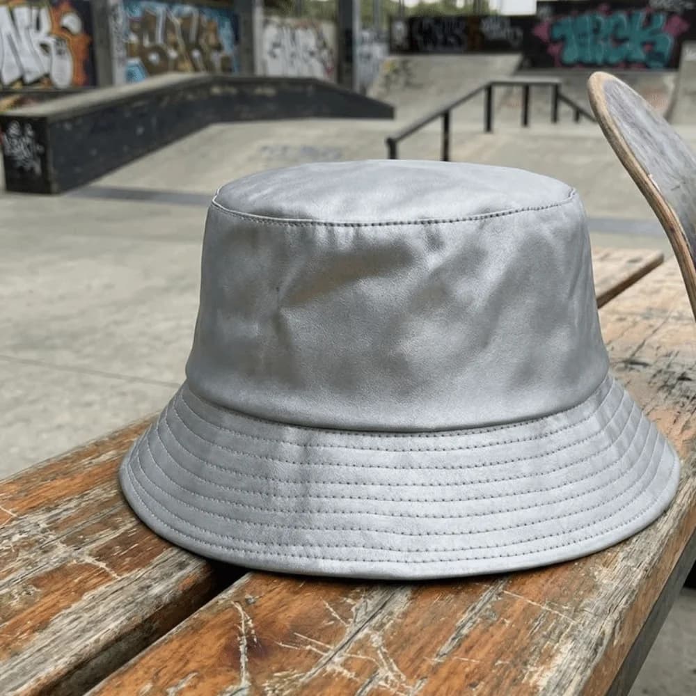 Bright colored leather fisherman hat with wide tense, solid color, rainbow laser effect, polished gold silver, sunshade hat