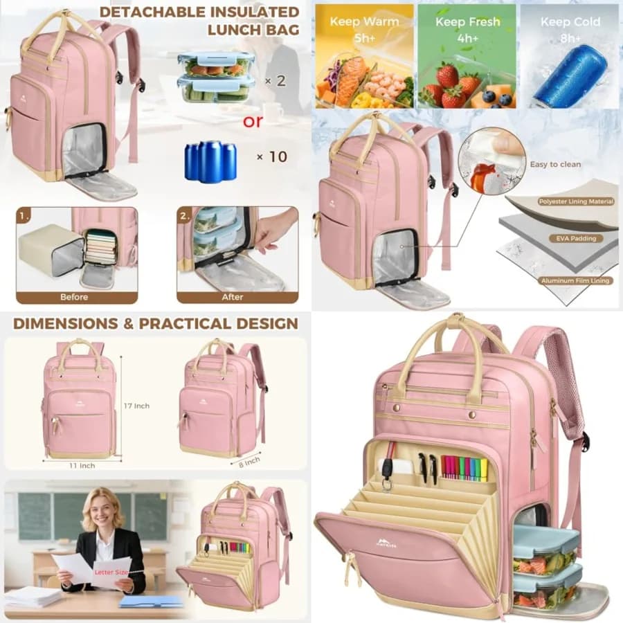 Zaino per il Pranzo da Donna, Zaino per Insegnanti con Scomparto Staccabile per il Pranzo, Adatto a Laptop da 15.6 Pollici, Zaini per Computer Universitari