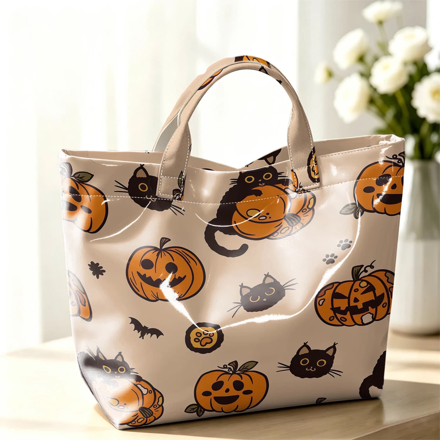 Pumpkin Kitten Stylish Large Glossy PVC Tote Bag Washable Waterproof Durable Ideal for Travel Commute Cosmetics Books Handbags