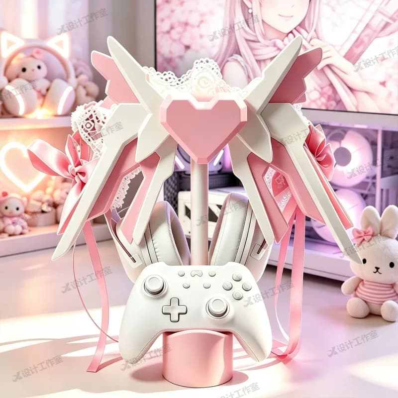 Headphone And Controller Stand 2 In 1 Mecha Girl Aesthetic Pink Angel Wing For Ps5 Desktop Gaming Decor Great Gift For Gamer