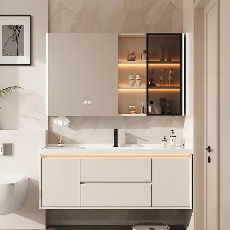 Mobili da bagno Cassetto in ceramica Vaniry Specchio intelligente Lavabo integrato Armadi da bagno sotto il lavandino Mobili da bagno per WC