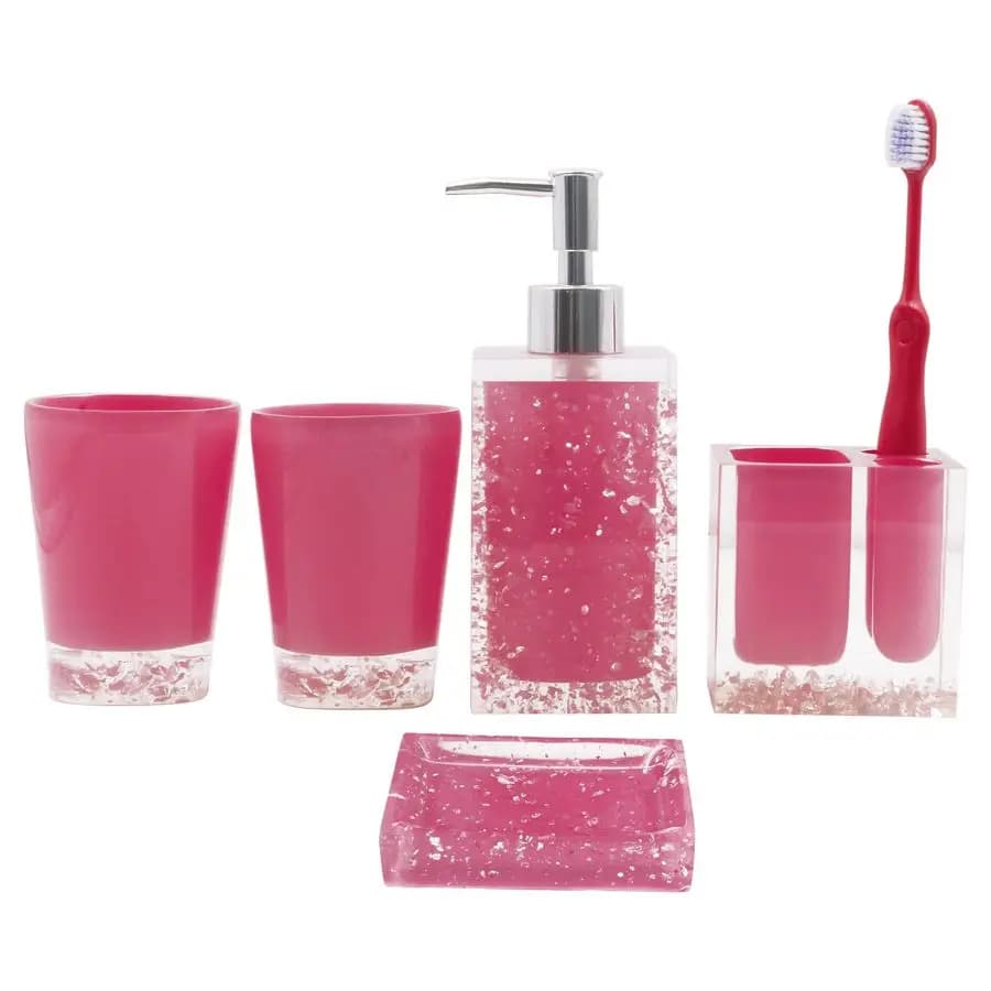 Set di 5 Accessori da Bagno Rosa: Portasapone, Dispenser Sapone, Porta Spazzolino e Bicchiere