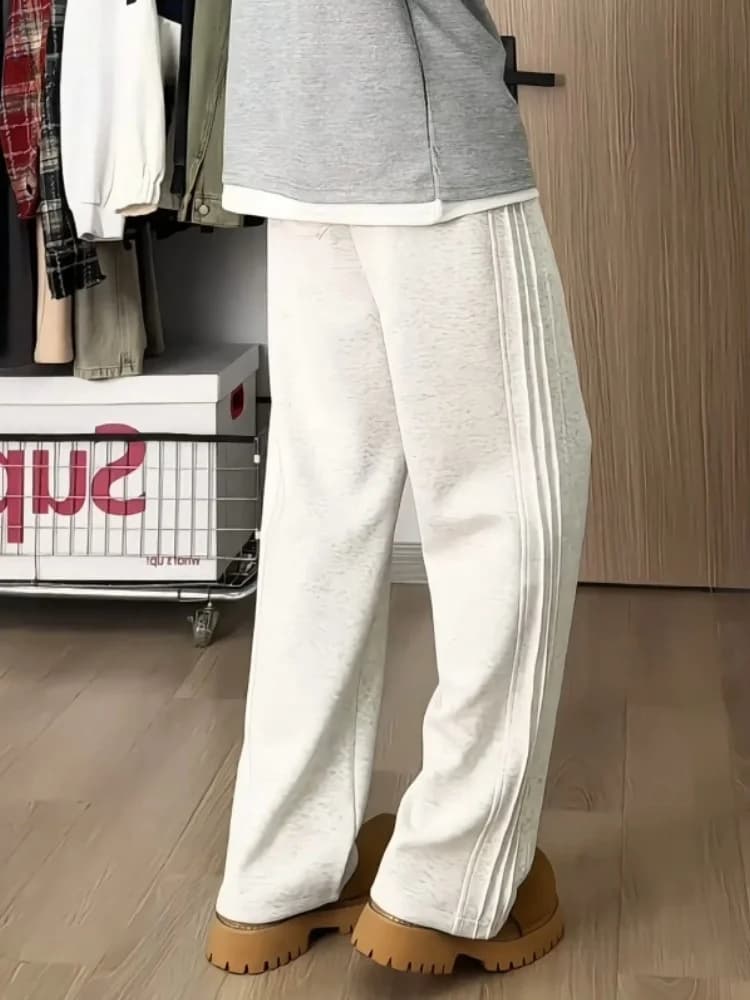 Gray Striped Fleece Lined Straight Leg Casual Pants Men's Autumn Winter American High Street Lazy Style Sportswear Trousers