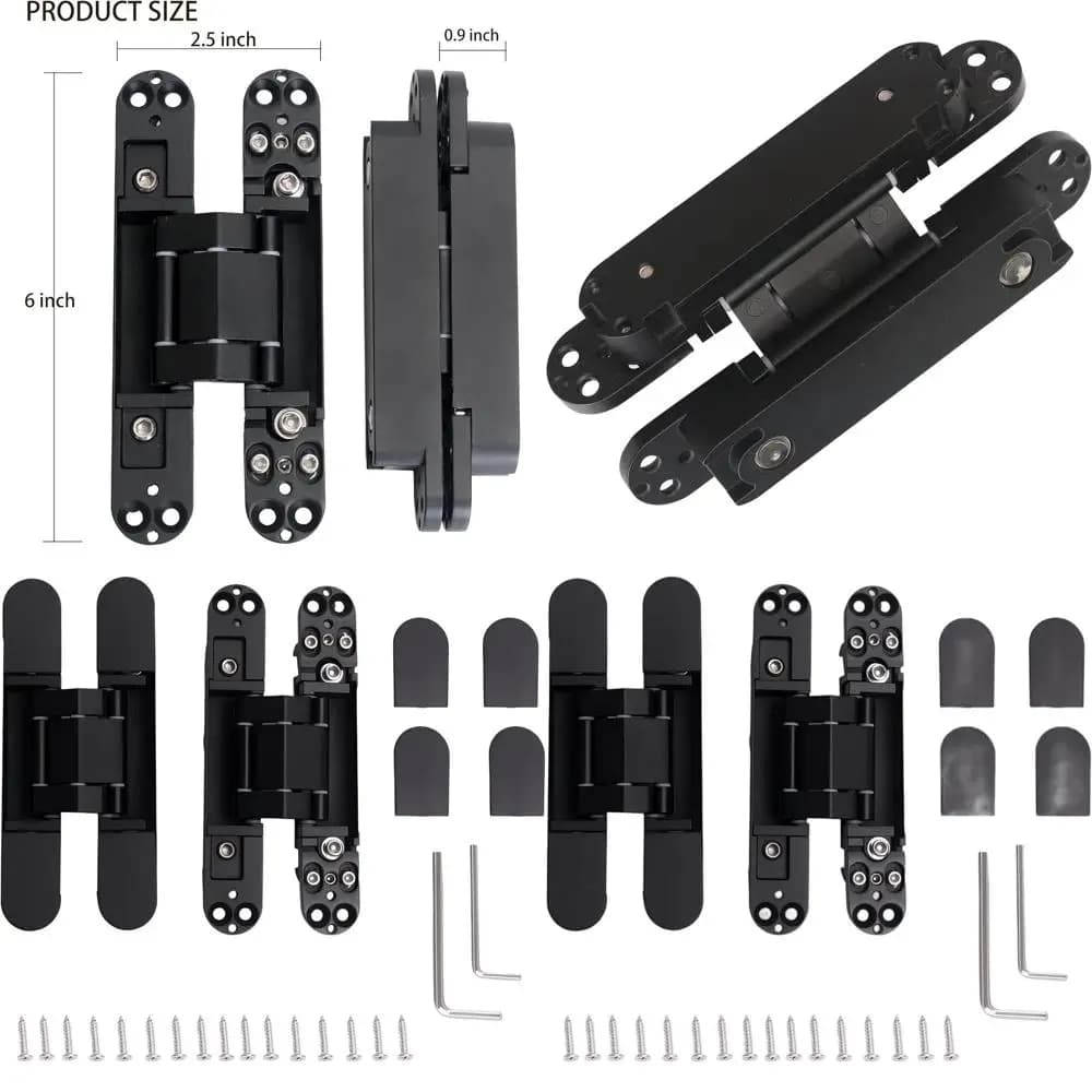 Pack of 6 Black Hinges for Doors to Disappearance, Resistant, 180 Degrees Adjustable swing in 3 directions with pins and screws