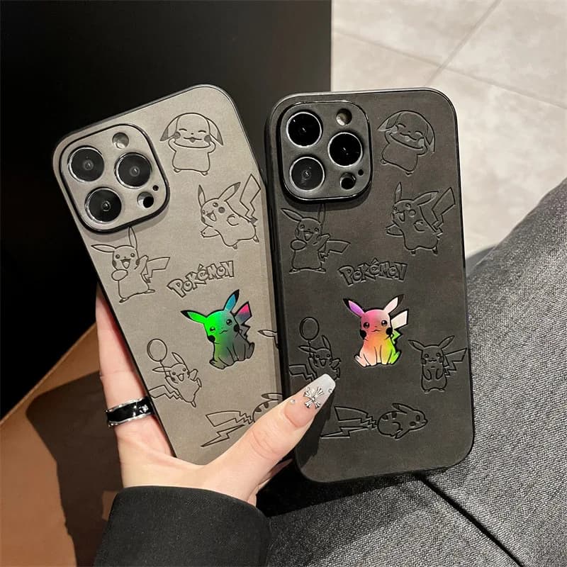 Laser phone case in faux leather Pikachu cartoon for iPhone 15 14 13 12 11 16 Pro Max XS XR X 7 8 Plus Shockproof protective case