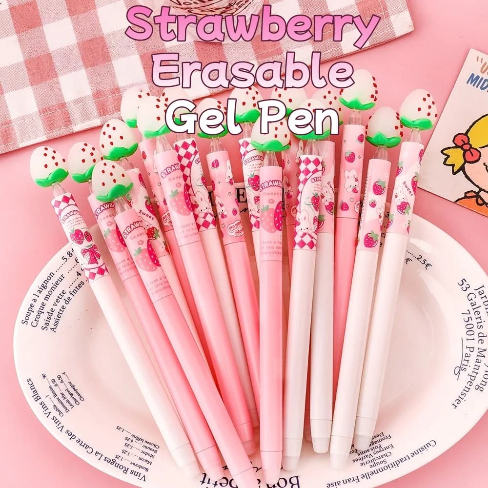 Set di Penne Gel Cancellabili a Forma di Fragola per Studenti, Strumento di Scrittura con Inchiostro Blu che Cambia Colore e Punta Liscia, Materiale Scolastico