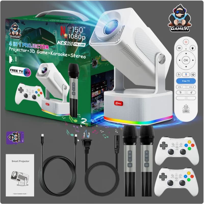 HCS350 PLUS Portable Projector 1080P HD Wireless Screen Mirroring 3D Games Karaoke All-in-One Speaker 4K Home Theater Projector