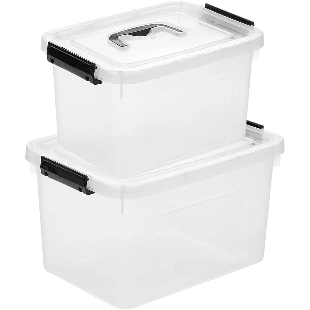 Transparent 2-piece storage boxes with covers and handles, 7 QT and 16 QT plastic organizer