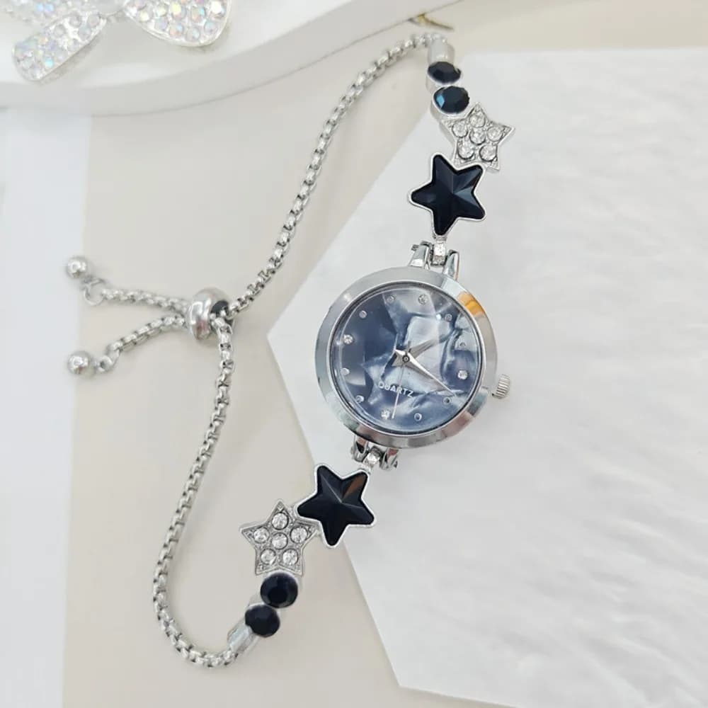 Stylish Adjustable Wrist Watch With Rhinestone, Alloy Quartz Watch, Star Chain Clock for Women and Girls