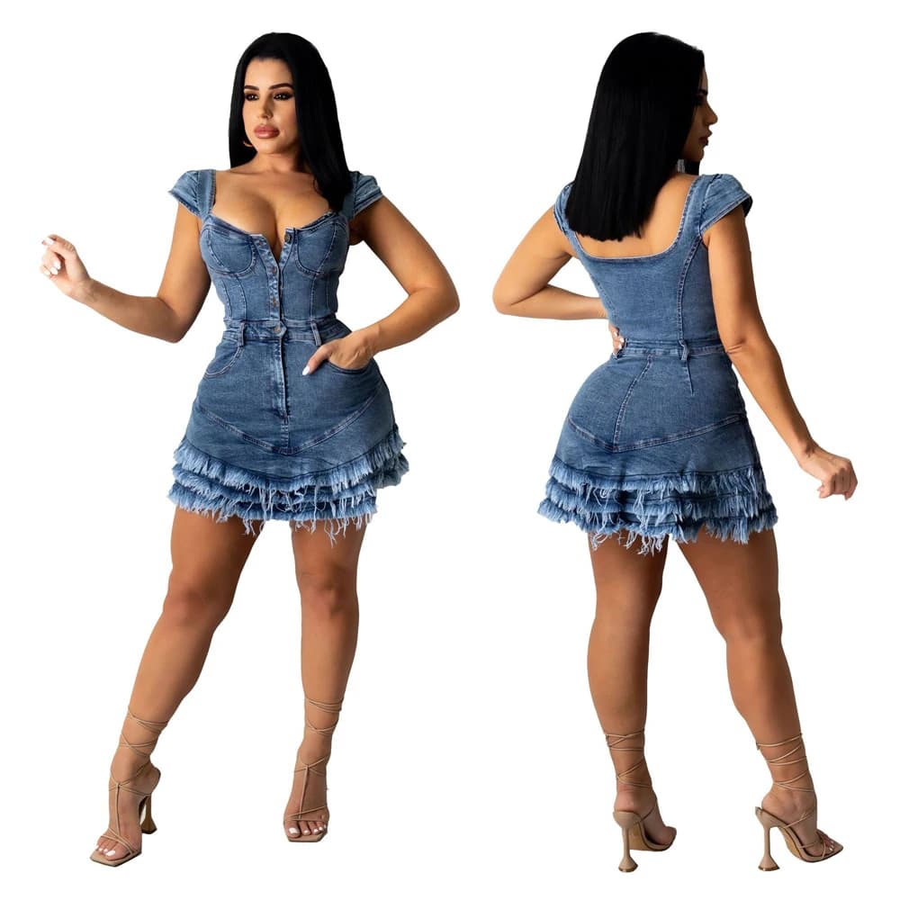 Woman's Short Sleeve Stretch Denim Tassel Dress with Hip Pockets Classy Sexy Summer Outfit Backless Tight Mini Jean Dresses