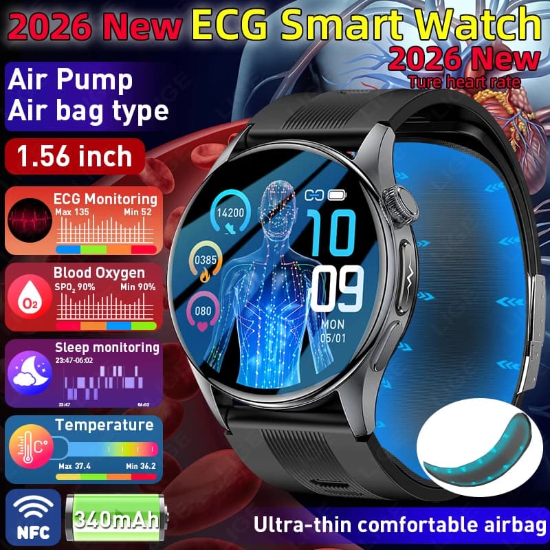 LIGE Blood Oxygen Pressure Health Smart Watch 2026 New Airbag Air Pump Accurate Detection ECG Body Temperature NFC Smartwatch