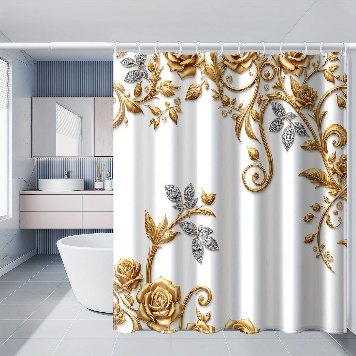 Elegante tenda da doccia impermeabile floreale oro e bianco: perfetta per l'aggiunta di un tocco lussuoso ed elegante per la tua decorazione del bagno