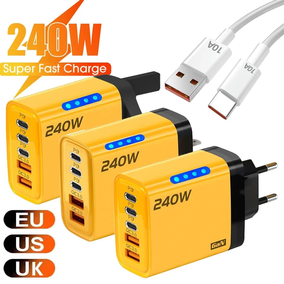 Caricatore USB C GaN 240W Adattatore di alimentazione a ricarica rapida a 5 porte PD QC 3.0 per iPhone 15 16 17 Samsung Xiaomi Laptop Tablet Luce a LED