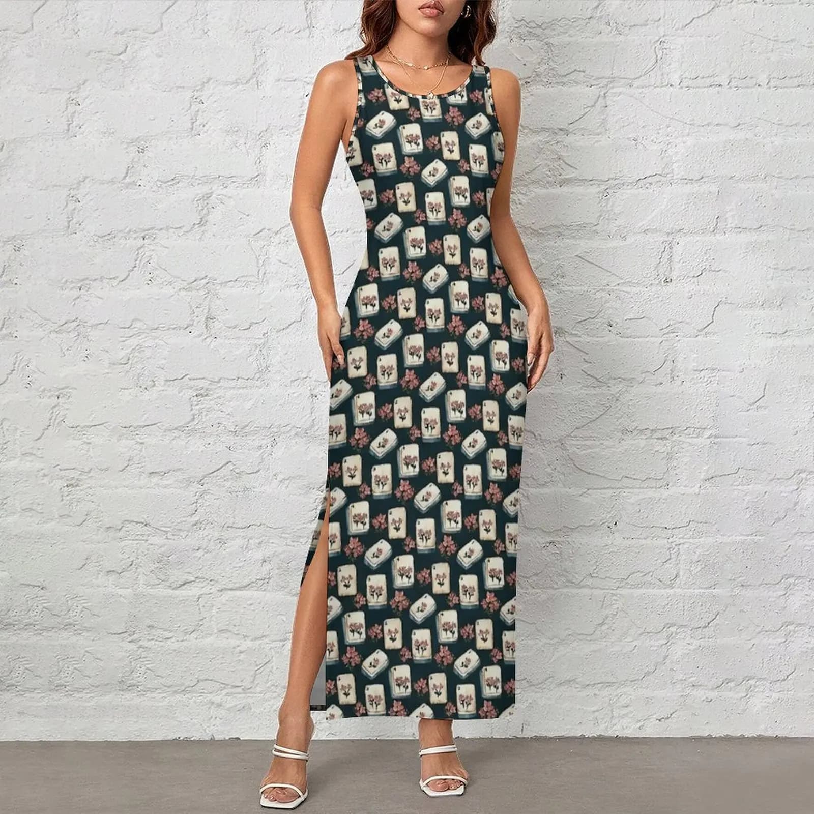 Female Bodycon Dress Modern Antique Blue Watercolor Mahjong Tiles with Flowers Maxi Dresses Summer Street Style Graphic Dress