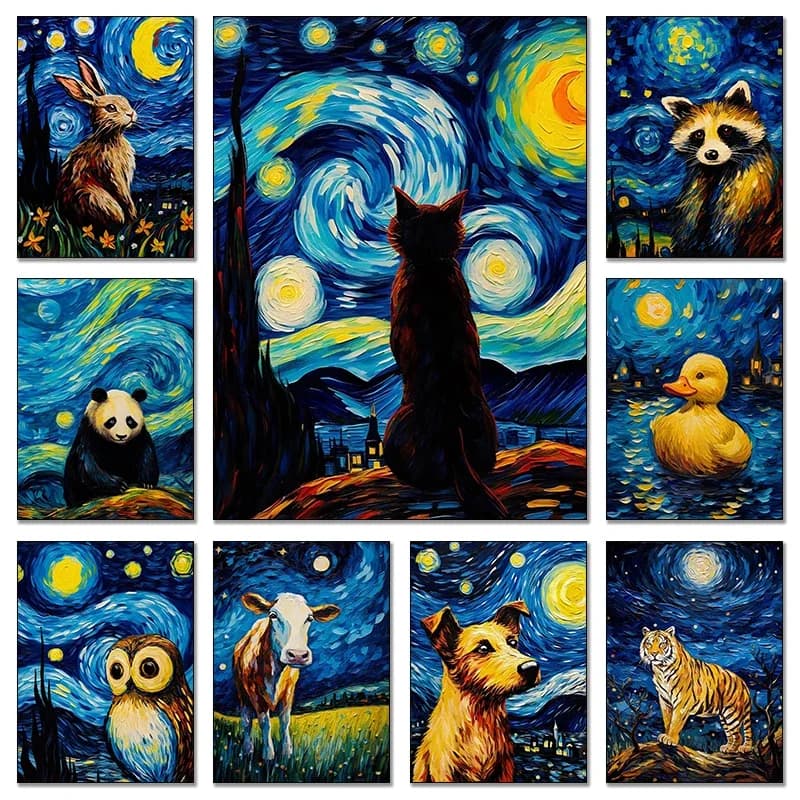 Divertenti Poster di Animali: Cani, Tigri, Gatti, Panda, Notte Stellata di Van Gogh, Stampa Astratta, Quadri con Diamanti, Decorazione Murale per Casa e Stanza