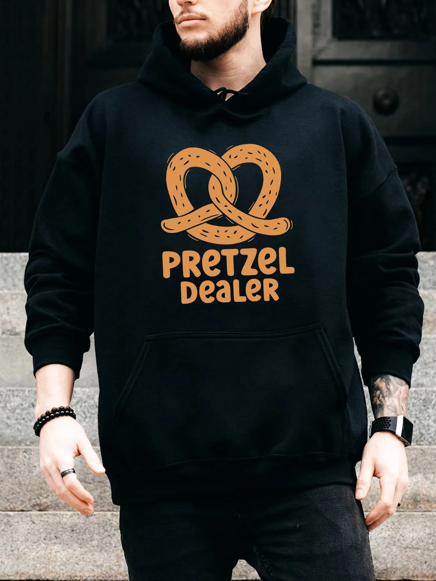 Felpa con cappuccio da uomo con coulisse Pretzel Dealer - Pullover nero casual e confortevole, felpa con cappuccio autunno e inverno