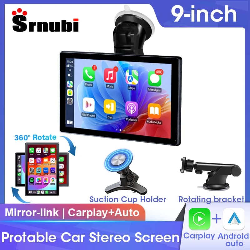 Srnubi 9" Carplay Autoradio Specchio Video Wireless Android Auto Supporto magnetico Ruota 360 ° Schermo posteriore orizzontale/verticale