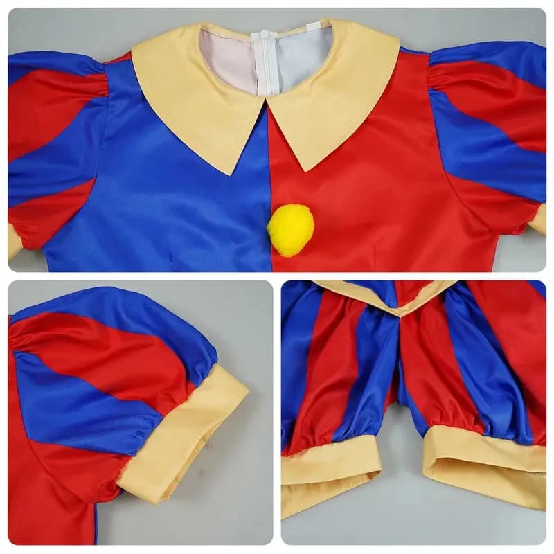 Costume da Clown Pomni del Circo, Set Completo con Cappello, Guanti, Copriscarpe, Tuta Blu e Rossa per Adulti e Bambini, Uniforme per Halloween