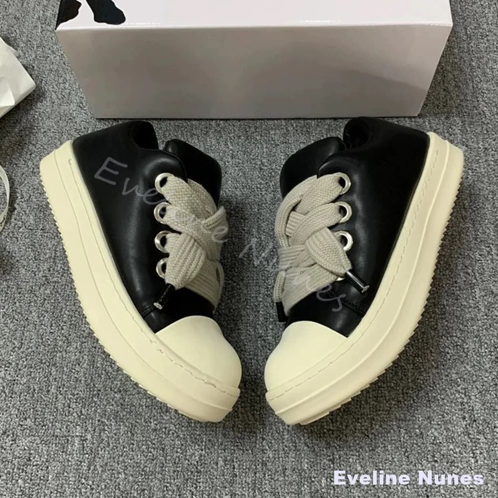 Unisex Black Leather Platform Sneakers White Toe Cap Wide Thick Laces Low Top shoes Y2K Street Hip Hop Casual Skate Shoes
