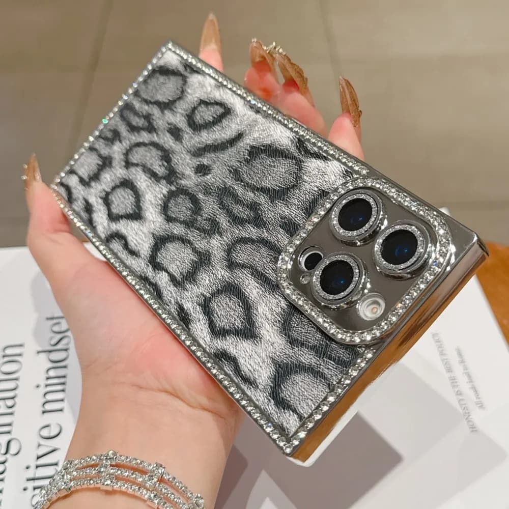 Custodia per telefono con motivo leopardato con diamanti di lusso per iPhone 16 15 14 13 Pro Max Plus Protezione fotocamera Placcatura Cover antiurto