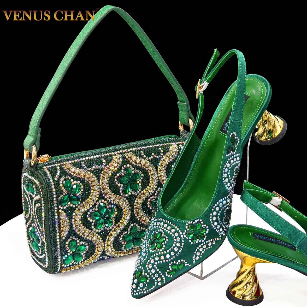 2024 Summer New Design Specials Set of Italian shoes and bags in comfortable heels of real green color with rhinestones for party