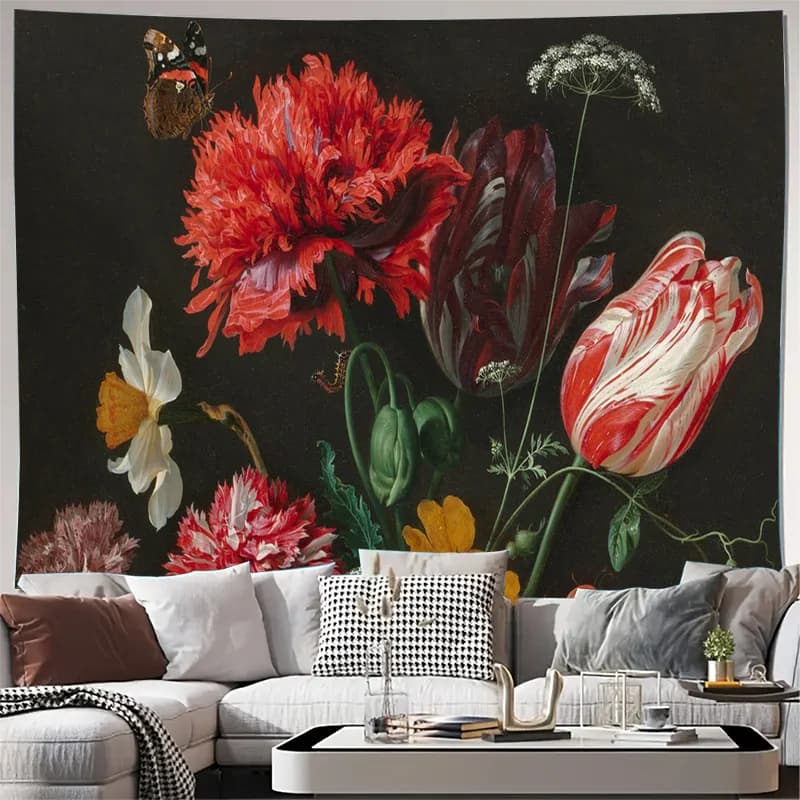 Dramatic Large Dark Floral Tapestry Canvas Art Boho Botanical Peony Bouquet Gothic Style Wall Hanging Home Decor Prints