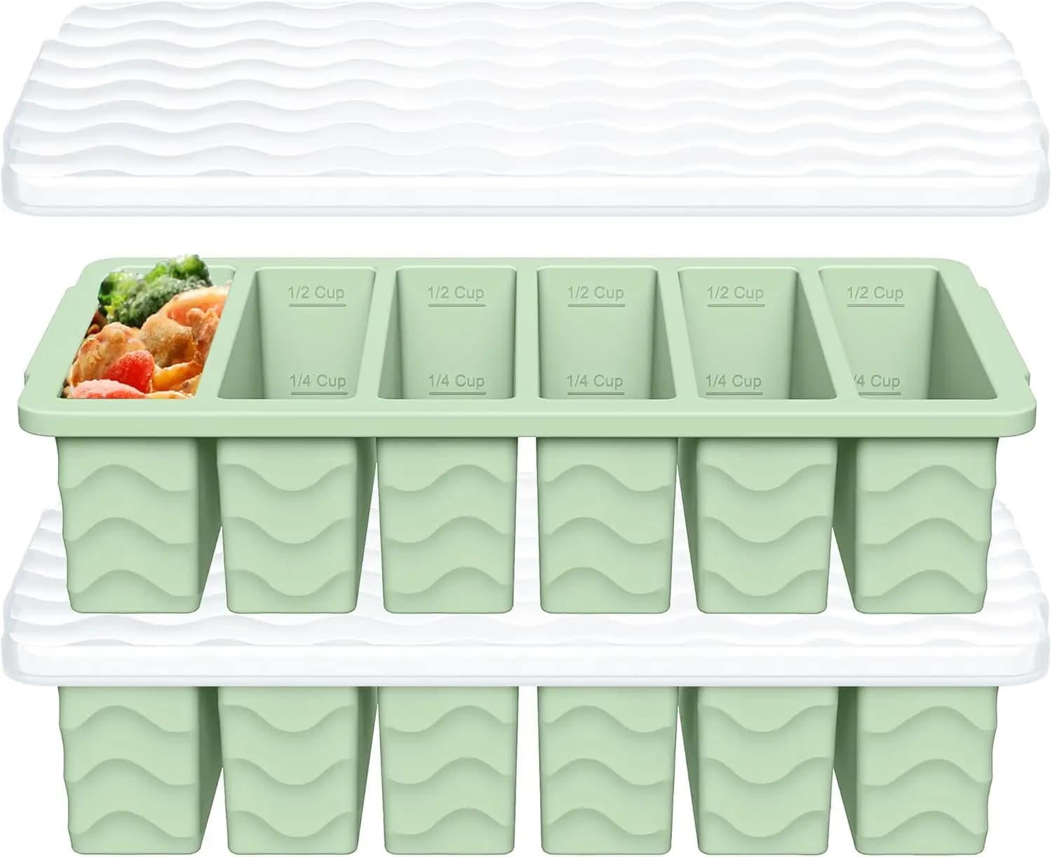 Set di 2 Stampi in Silicone per Freezer con Coperchio per Zuppe, Salse e Brodi - Contenitori per Preparazione Pasti, Vassoio per Cubetti di Ghiaccio Grandi