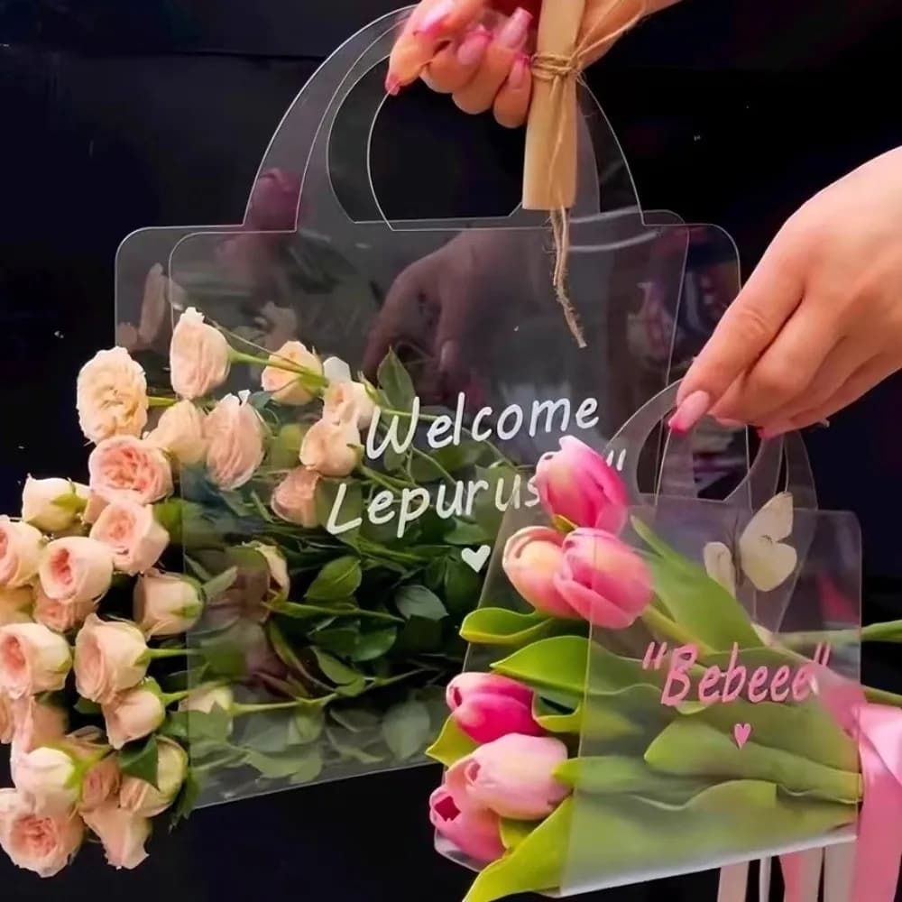 3 Pezzi Borsa Trasparente in PET per Bouquet di Fiori, Impermeabile, Romantica, Portatile, Integrata per Confezionamento Fiori