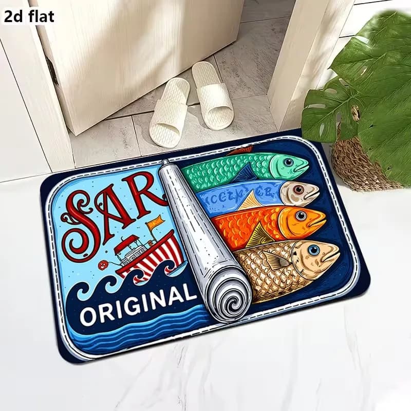 Tappeto d'ingresso 2D piatto con stampa creativa a forma di lattina di sardine, zerbino antiscivolo lavabile per cucina e ingresso