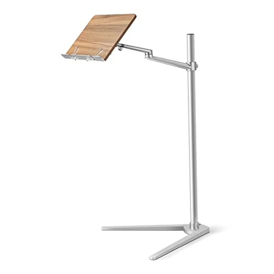 Supporto per Libri e Dispositivi Elettronici con Base in Legno Girevole e Sollevabile, Supporto in Metallo con 2 Clip a Molla per Lettura a Mani Libere