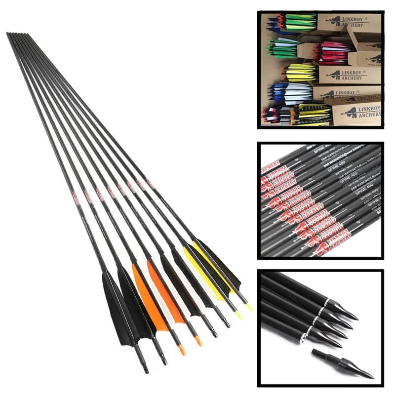 12 pezzi tiro con l'arco freccia in carbonio colonna vertebrale 340 30 pollici freccia alette 100gr punte per arco composto tradizionale caccia con arco