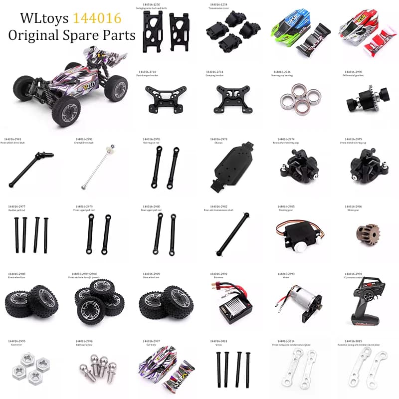 WLtoys 144016 Ricambi Originali per Auto RC: Braccio di Controllo, Albero Sterzo, Gruppo Sterzo, Coppia Sterzo, Albero di Trasmissione, Ingranaggio, Vite