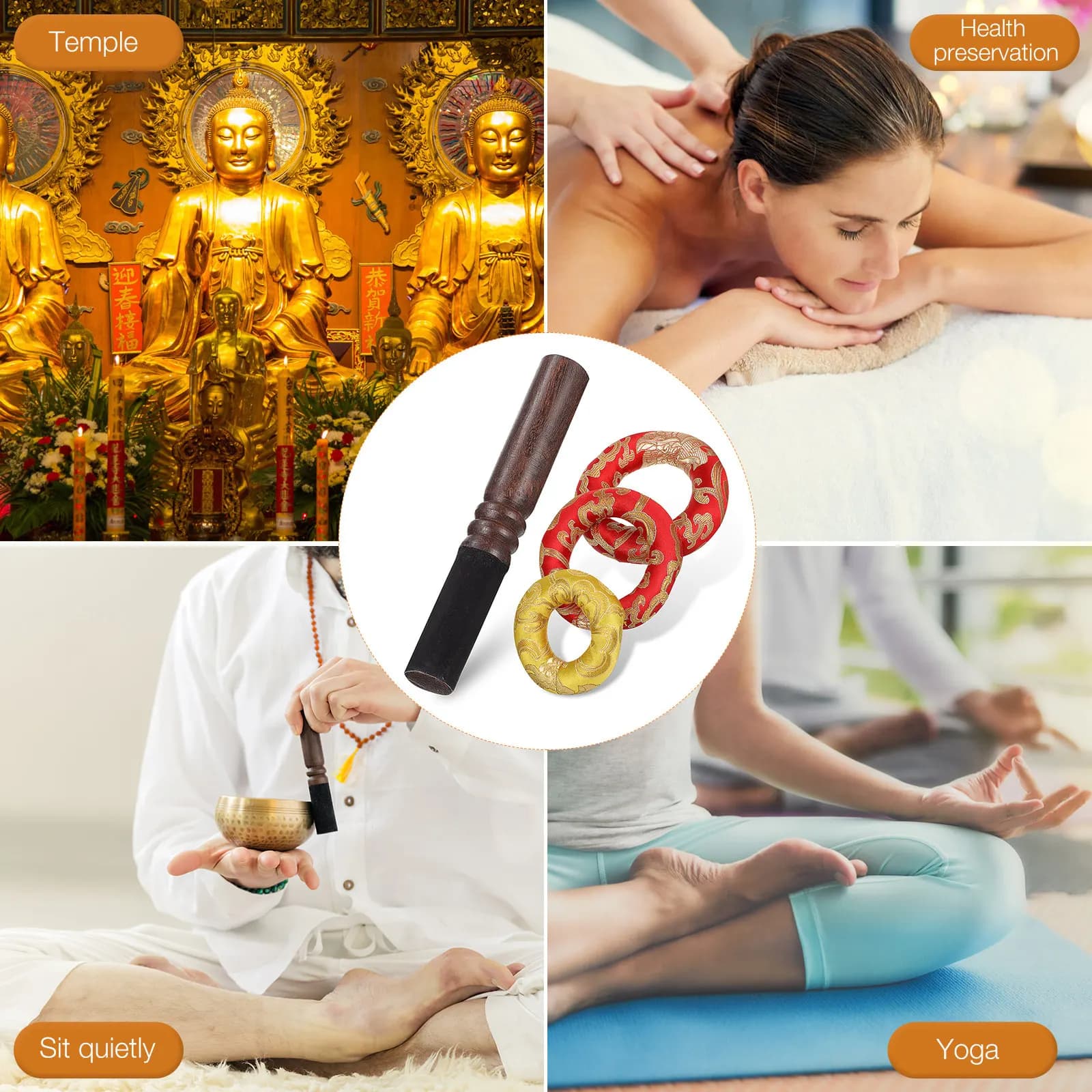 3Pcs Tibetan Singing Bowl Cushion Pad Bowl Mat Non-Slip Design with Mallet for Yoga Meditation Zen Sound Therapy
