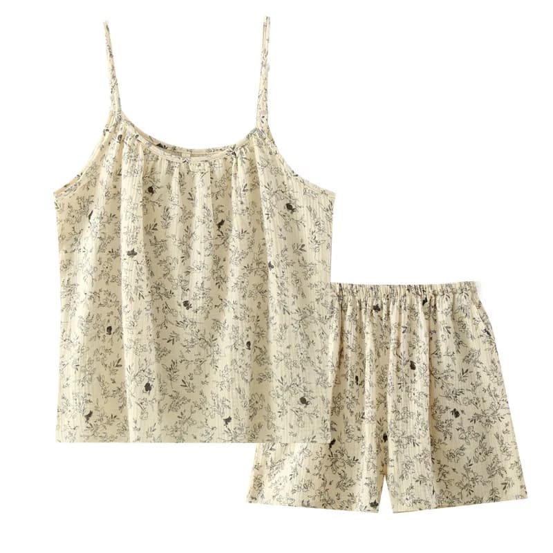 Pigiama Estivo in Cotone Crepe con Stampa Floreale Senza Maniche per Ragazze, Set con Bretelle e Pantaloncini, Completo Loungewear