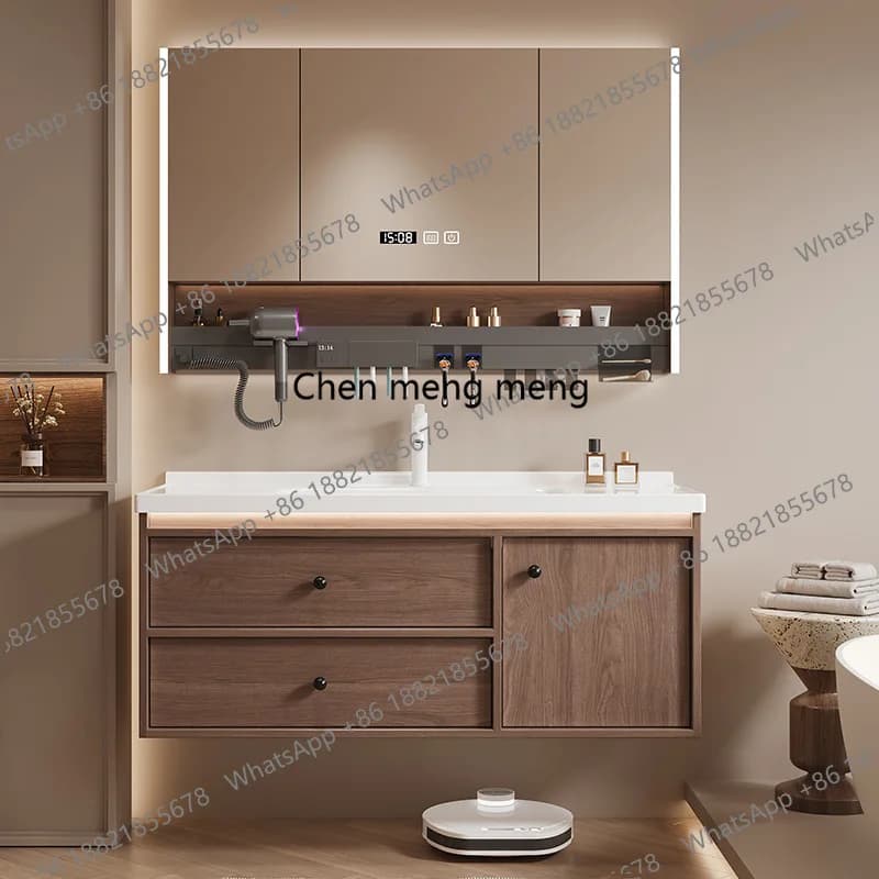 Mobiletto da bagno antico in noce, lavabo integrato in ceramica, lavabo a mano, mobiletto con specchio intelligente combinato in legno