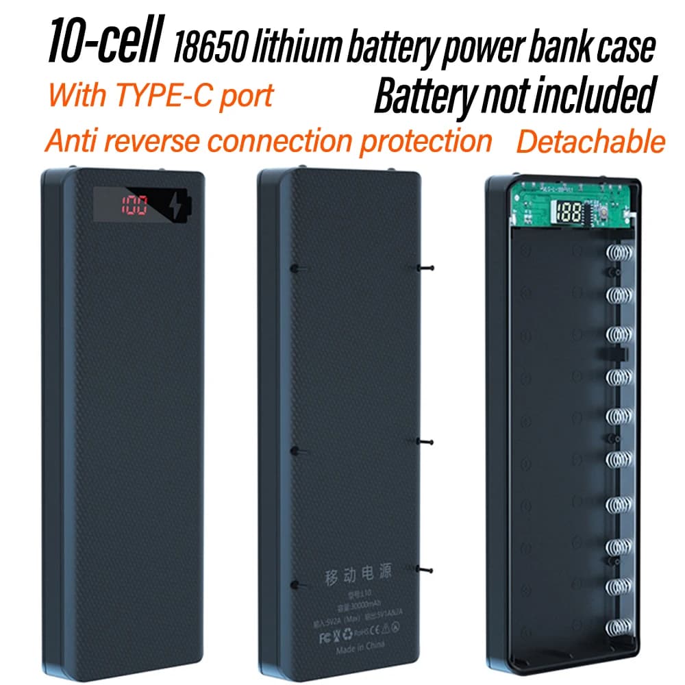10 Cell 18650 Detachable Solder-Free DIY Power Bank Kit Mobile Power Supply Battery Case LED Digital Power Display no Battery