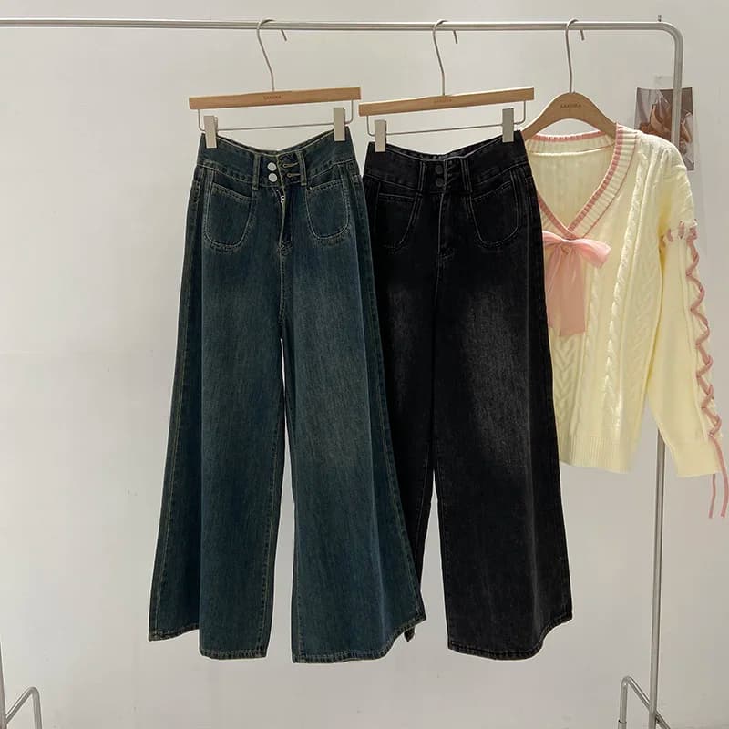 Jeans a gamba larga a vita alta da donna, stile casual chic, per l'inverno 2024, pantaloni lunghi larghi, moda autunnale, taglie forti.
