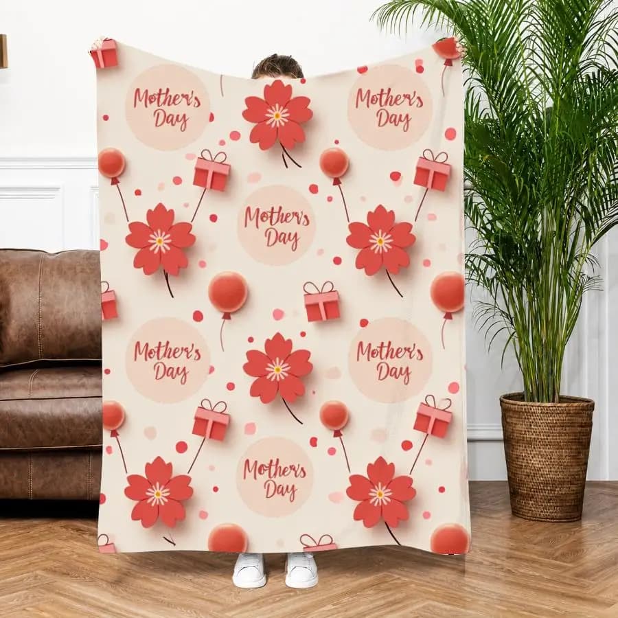 1pc Warm Premium Flannel Blanket with Festive Floral And Gift Box Pattern, Soft Handwritten Text Design on Cream Background, All