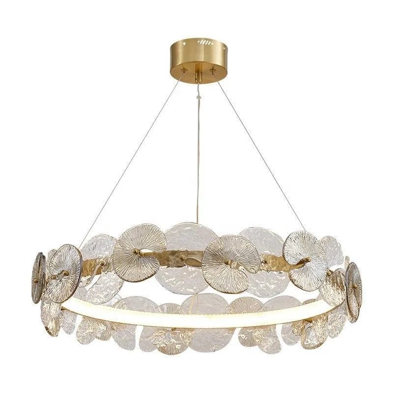 Illuminazione Lampadario a diodi emettitori di luce ad anello con paralume in vetro a forma di C in ottone dorato moderno di lusso