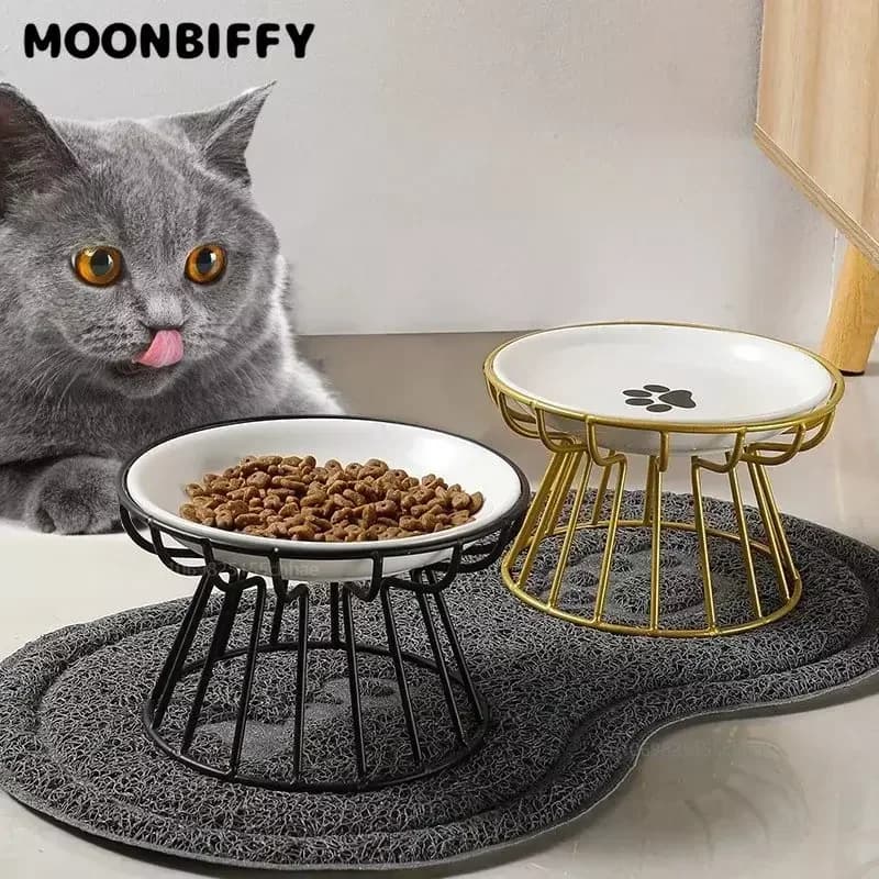 Ciotola per animali domestici in ceramica alimentazione per alimenti per gatti doppio piatto supporto rialzato in acciaio inossidabile mangiatoia per cani e gattini accessori per animali domestici durevoli