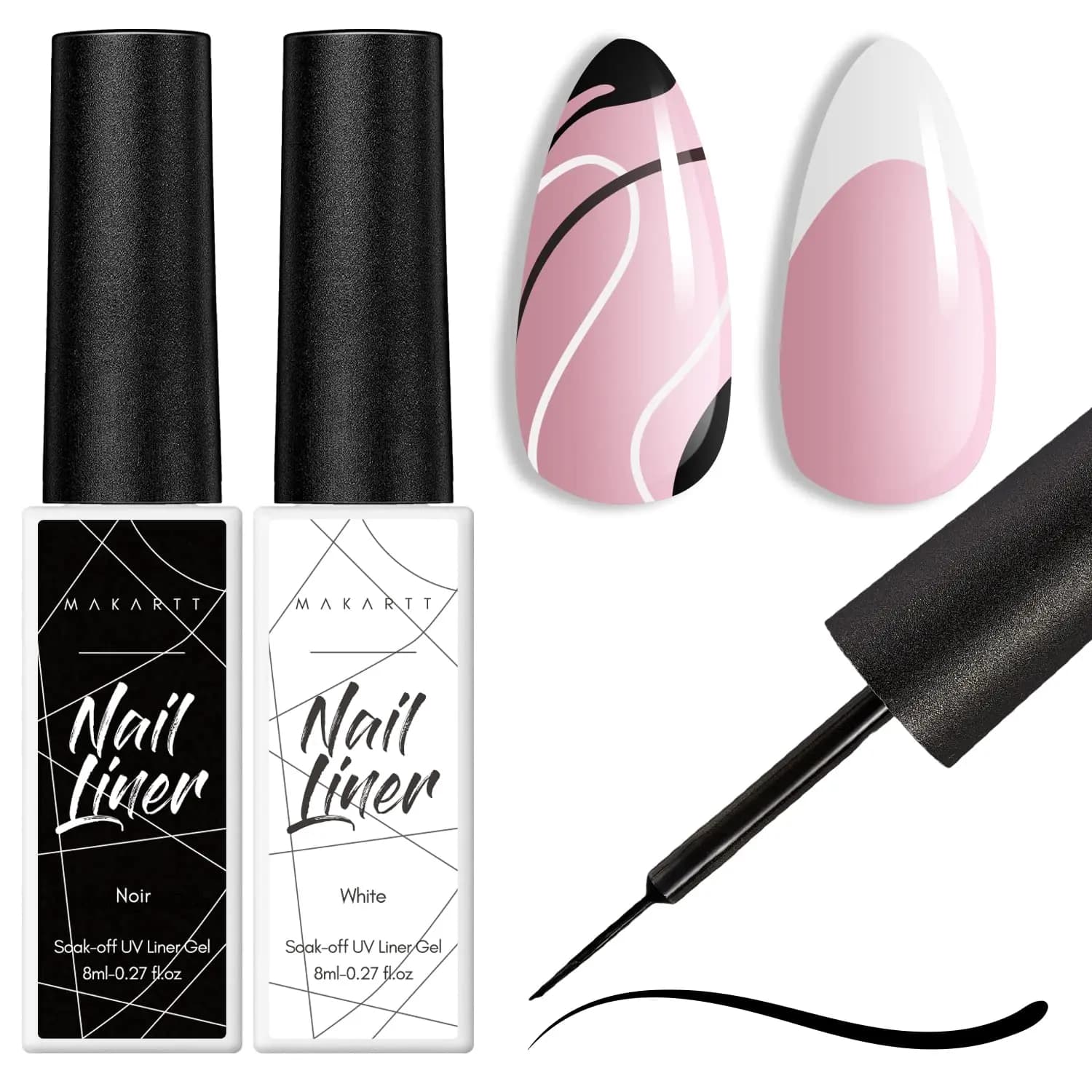 Makart Gel Nail Polish Liner Set 8ML, 2 colori Nail Art Summer French Polish bianco nero per French Tip Swirl Draw Nail Soak Off