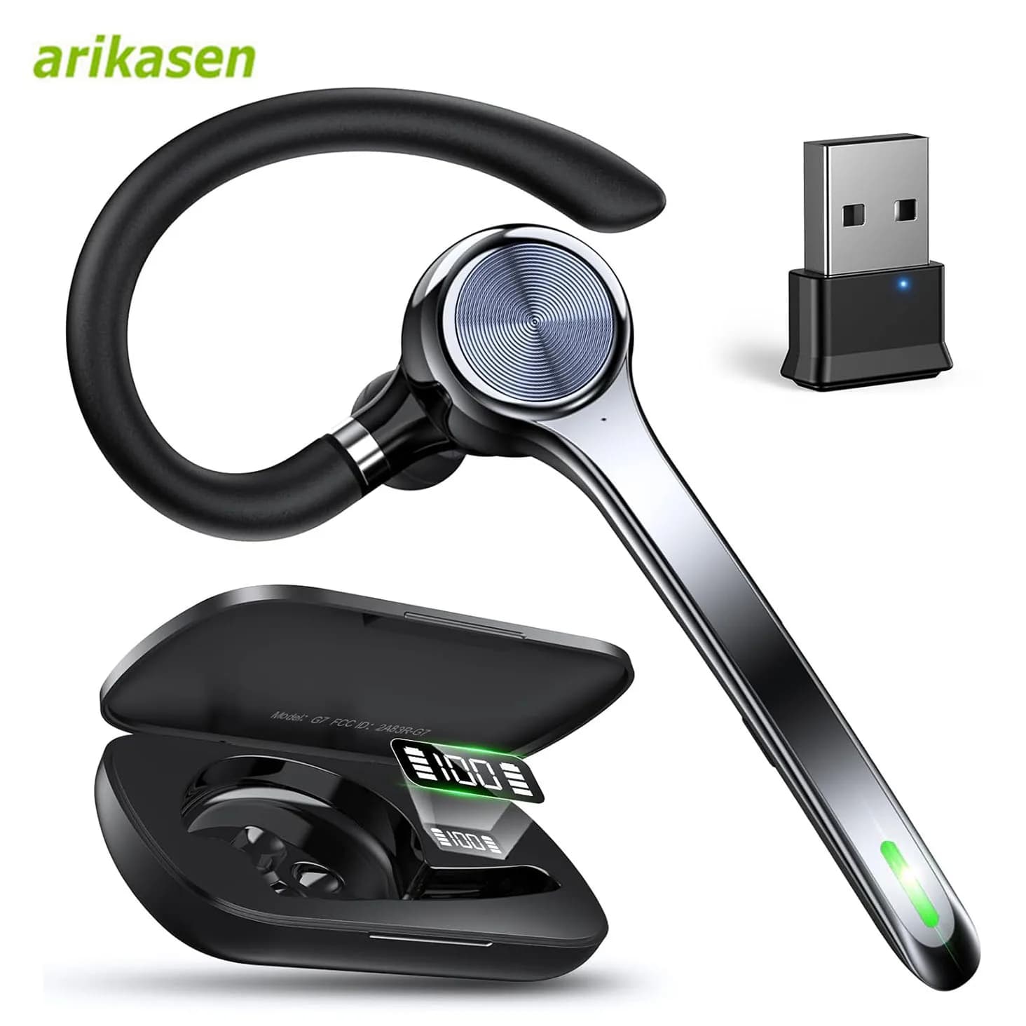 Wireless headset Bluetooth earphone with single ear with microphone with noise cancellation and USB dongle Wireless Bluetooth headset for computer